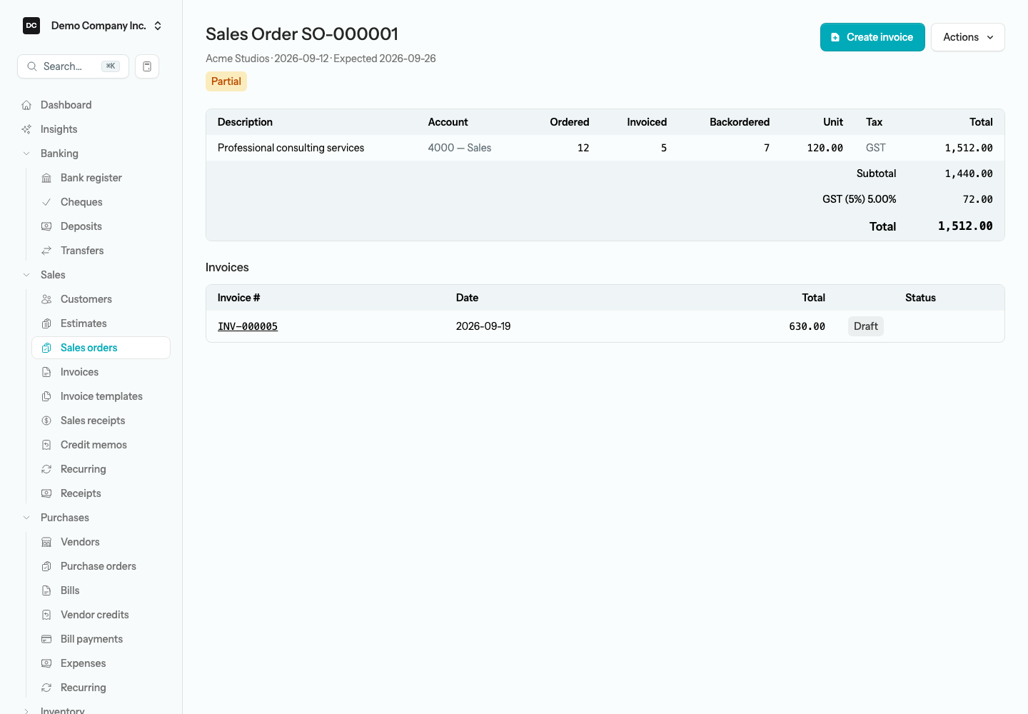 A Partial sales order for Acme Studios with 12 ordered, 5 invoiced, and 7 backordered on its line, a Create invoice button, and an Invoices list below the lines holding one Draft invoice