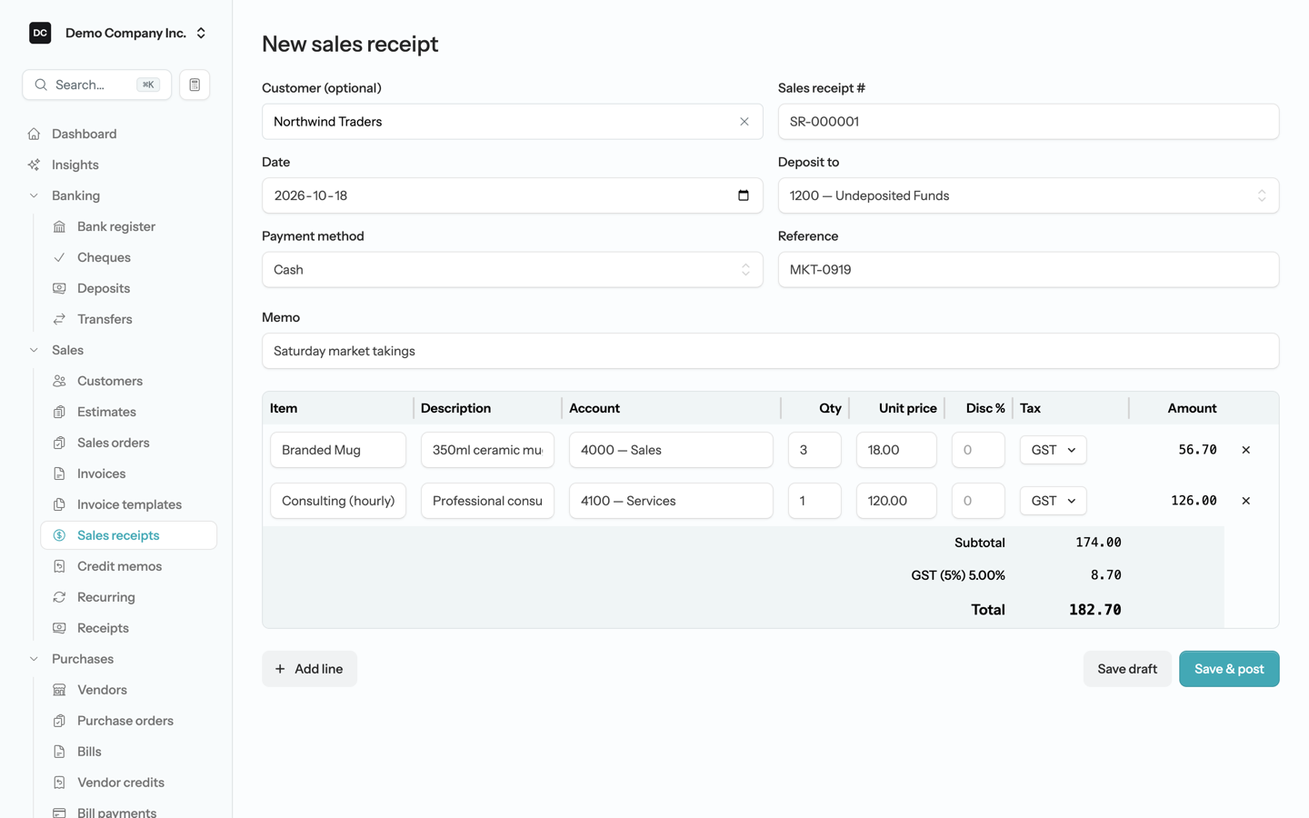 The New sales receipt form showing the Customer (optional), Sales receipt #, Date, Deposit to, Payment method, Reference and Memo fields above a line grid with Item, Description, Account, Qty, Unit price, Disc %, Tax and Amount columns and per-tax totals