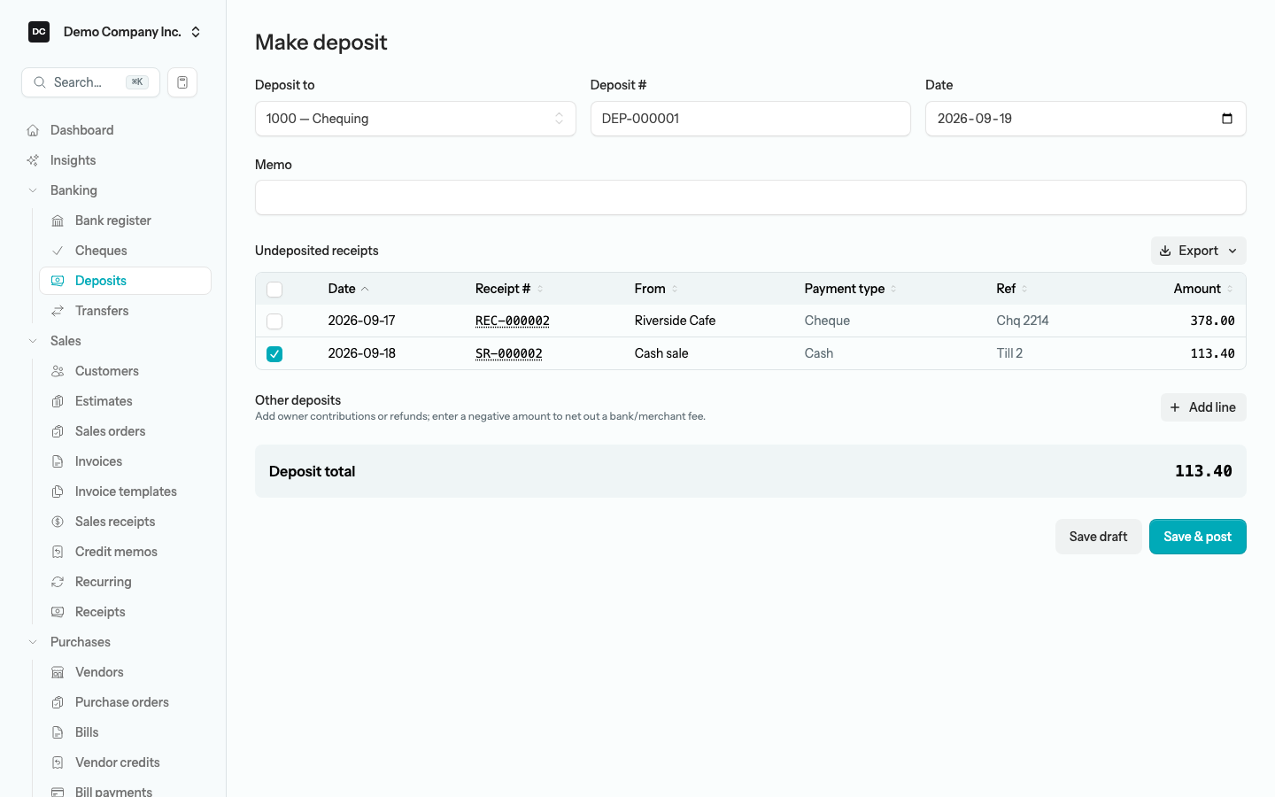 The Undeposited receipts list on the Make deposit form showing a sales receipt row beside a customer receipt, with a select-all checkbox, sortable Date, Receipt #, From, Payment type, Ref and Amount columns