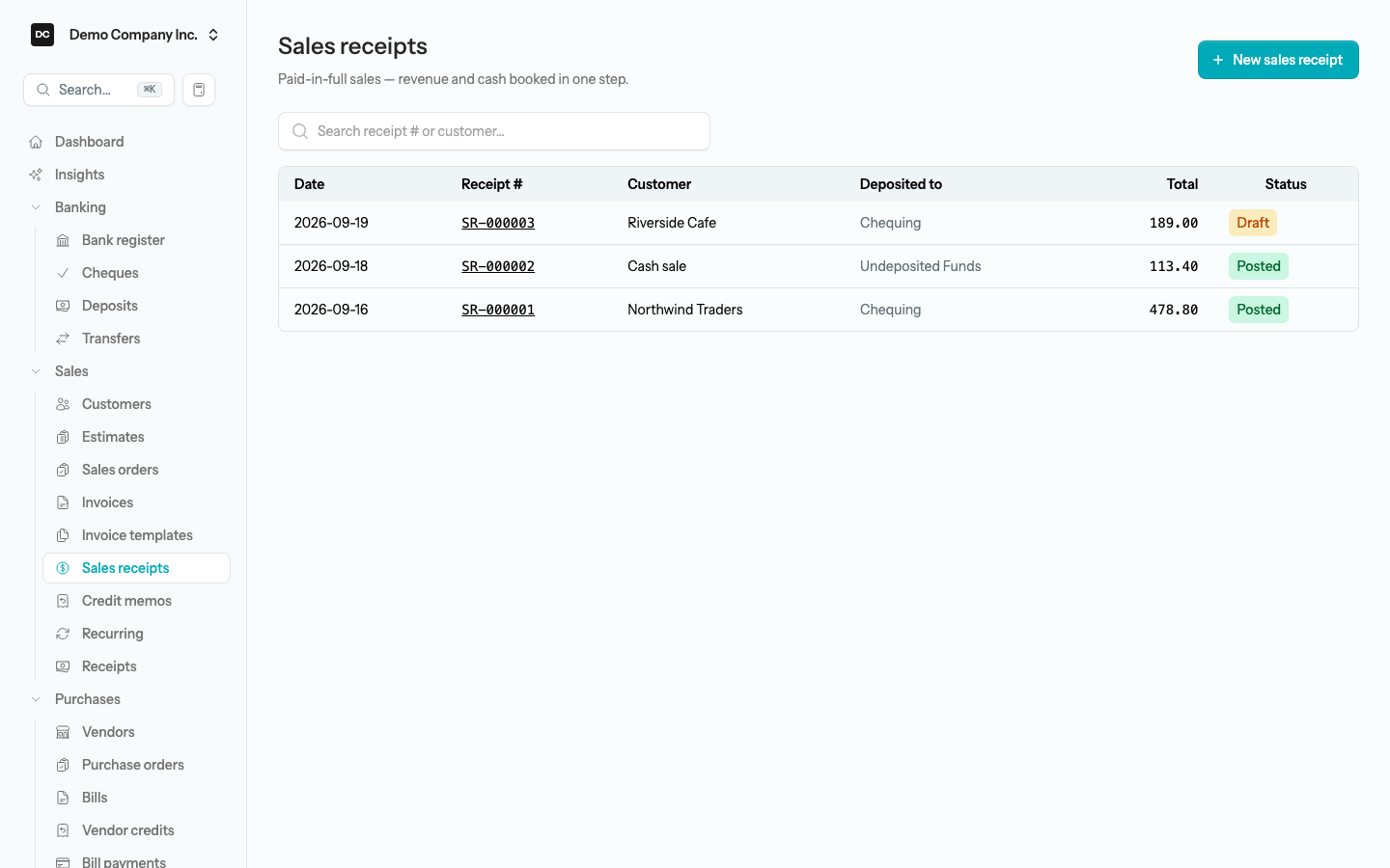 The Sales receipts list showing the Date, Receipt #, Customer, Deposited to, Total, and Status columns with Draft and Posted badges