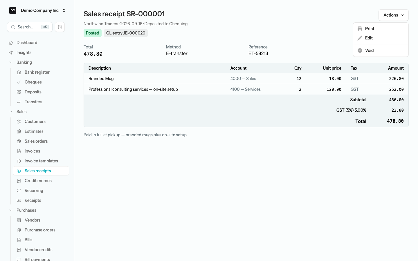 A posted sales receipt showing its Posted badge, the GL entry badge, the Total, Method and Reference tiles, the line items with a per-tax breakdown, and the Actions menu open with Print, Edit and Void