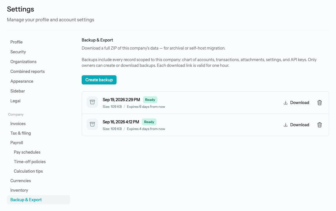 Settings → Backup & Export with a Create backup button and a list of recent organization backups showing their status, size, and expiry