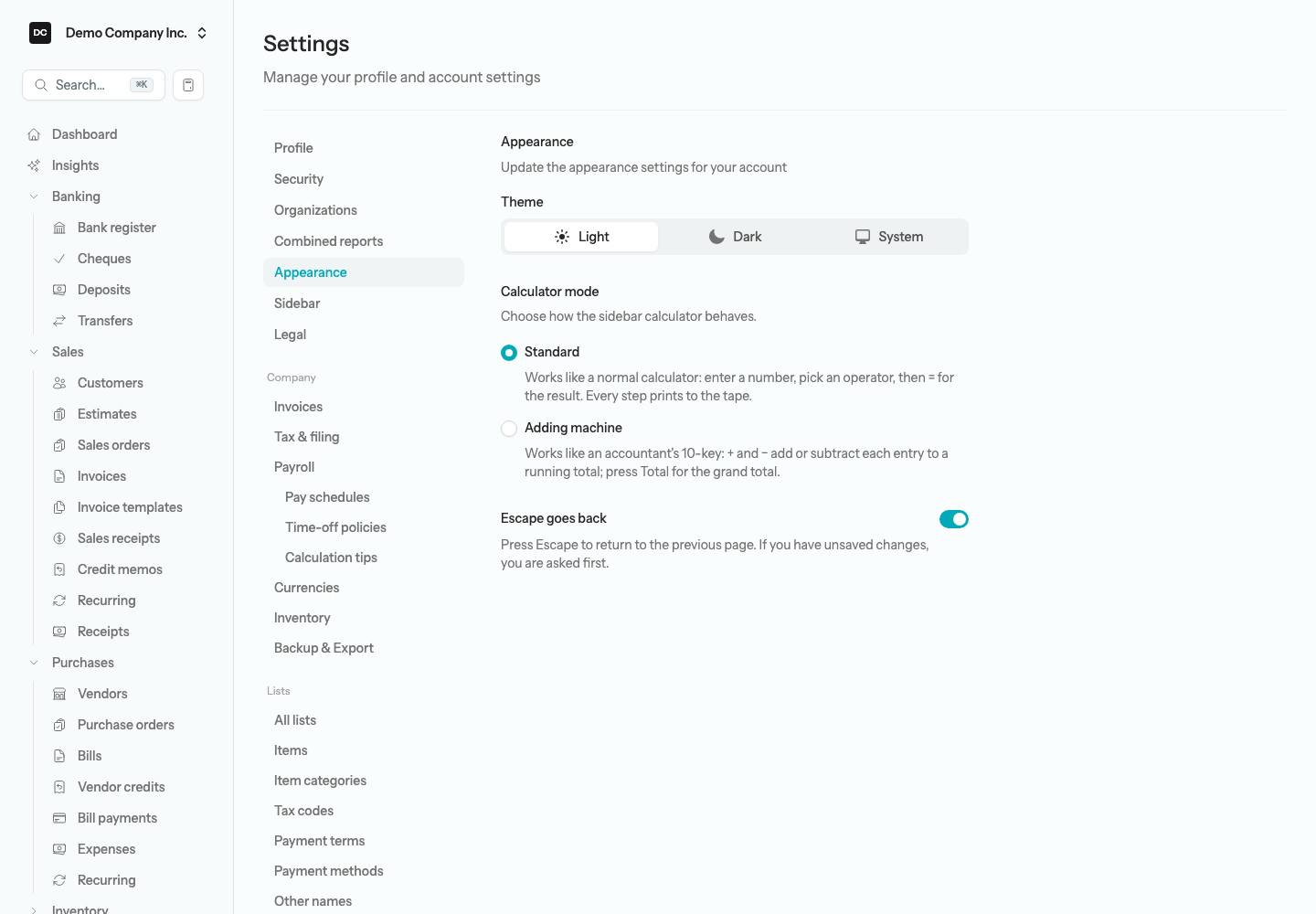 Settings → Appearance showing the Theme segmented control, the Calculator mode choice between Standard and Adding machine, and the Escape goes back switch