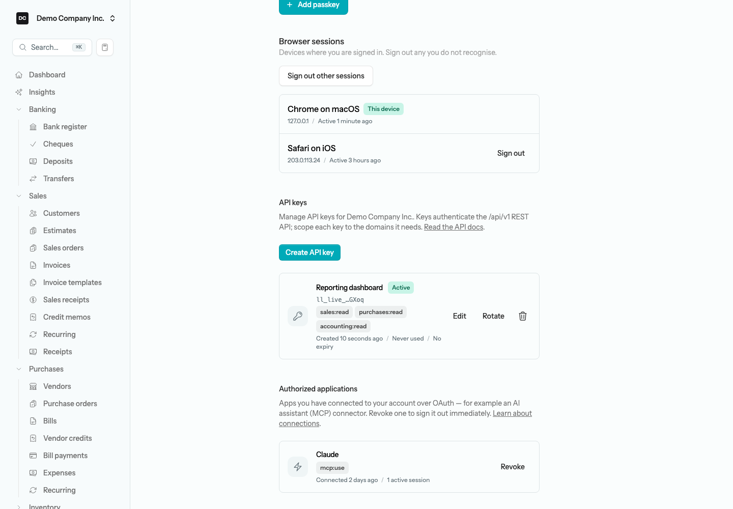 The Authorized applications panel on Settings → Security listing a connected AI assistant with its scope badges, connection time, active session count, and a Revoke button