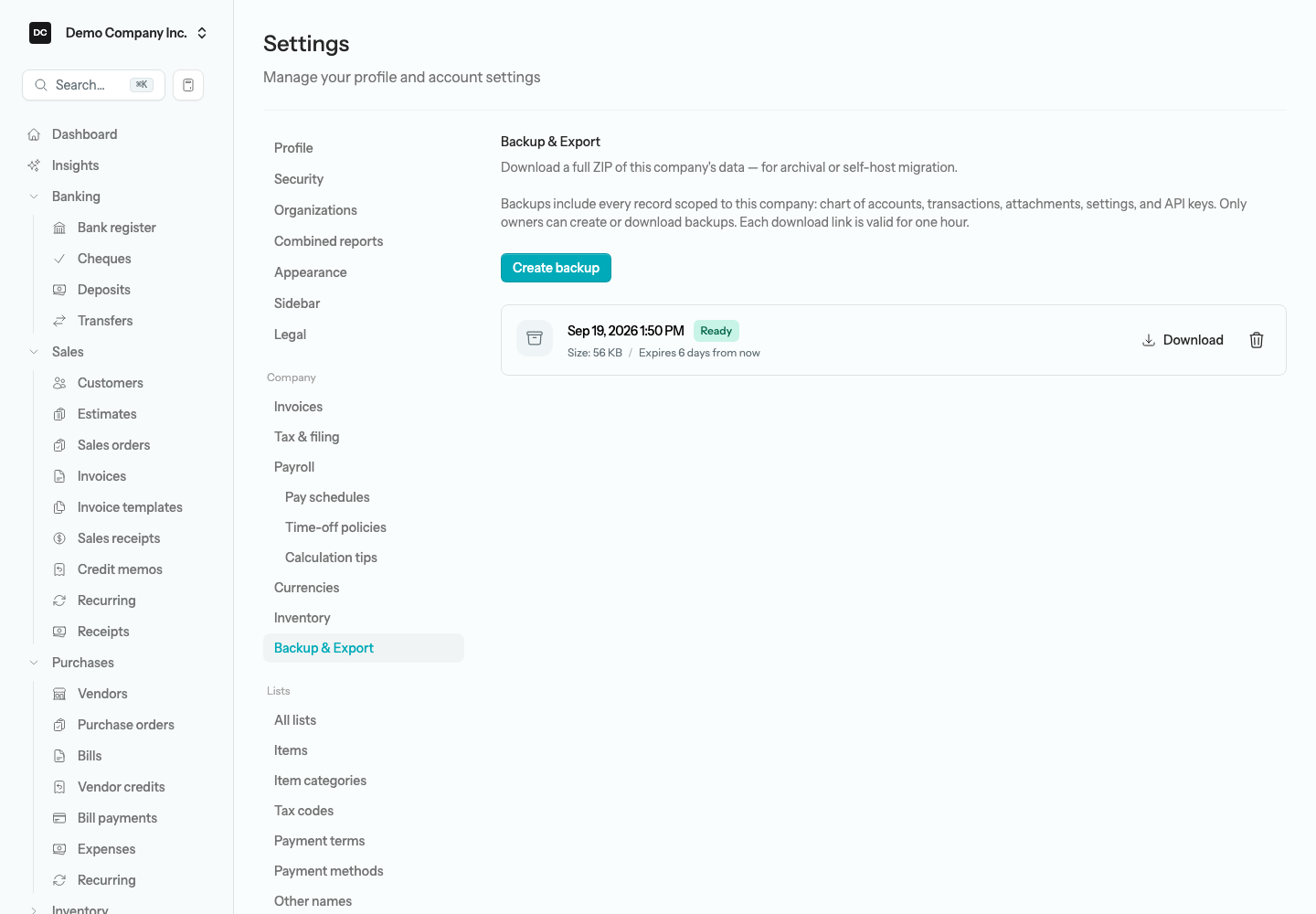 Settings → Backup & Export with a Create backup button and a list of backups showing their status badge, size, expiry, and Download and delete controls