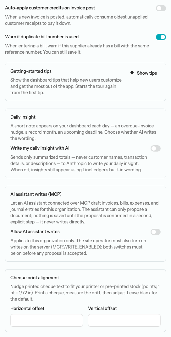 The organization edit page showing the Auto-apply customer credits and Warn if duplicate bill number switches, the Getting-started tips block with Show tips, the Daily insight AI switch, the AI assistant writes (MCP) switch, and the Cheque print alignment offsets