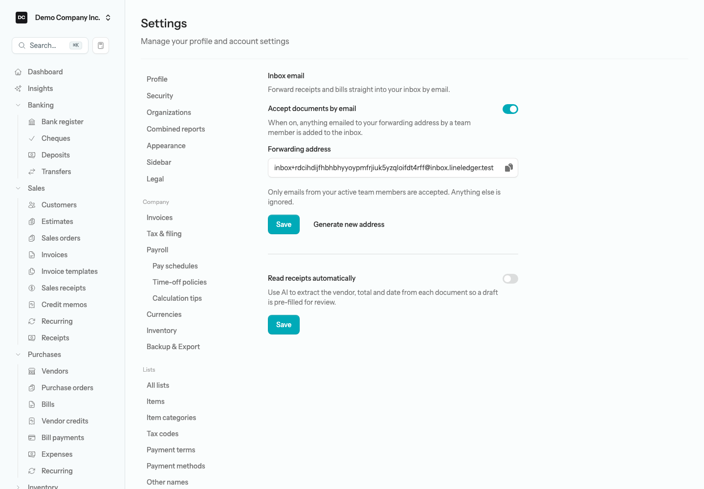The Inbox email settings page showing the Accept documents by email switch turned on, the copyable Forwarding address with Save and Generate new address buttons, and the Read receipts automatically switch
