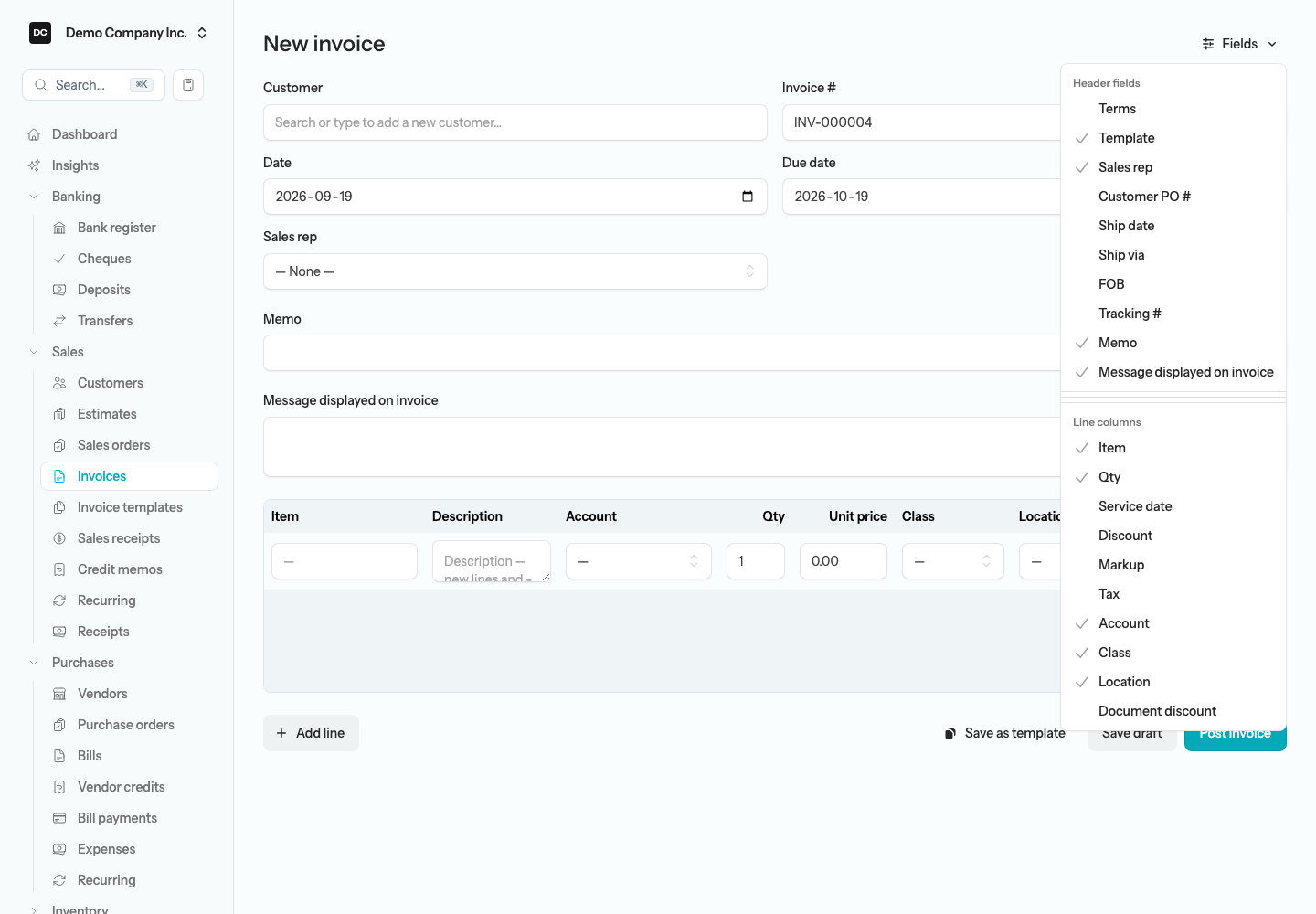 The Fields menu open on the invoice form, listing header-field and line-column checkboxes such as Terms, Customer PO, Ship date, Discount, and Account