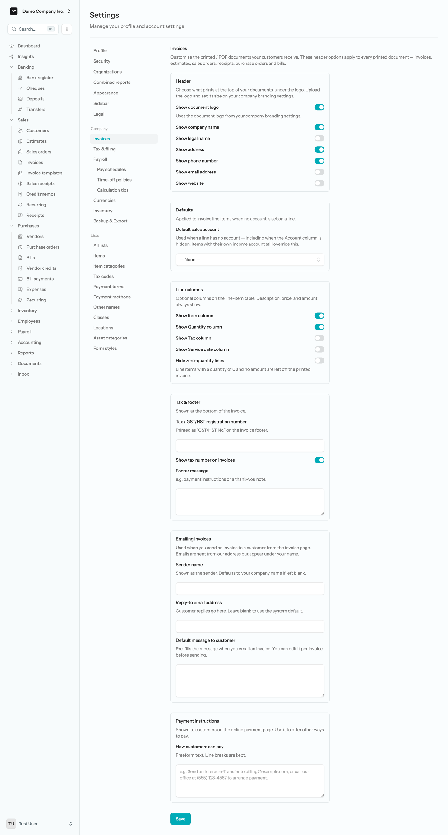 The Invoices settings page with the Header, Defaults, Line columns (including Hide zero-quantity lines), Tax & footer, Emailing invoices, and Payment instructions sections