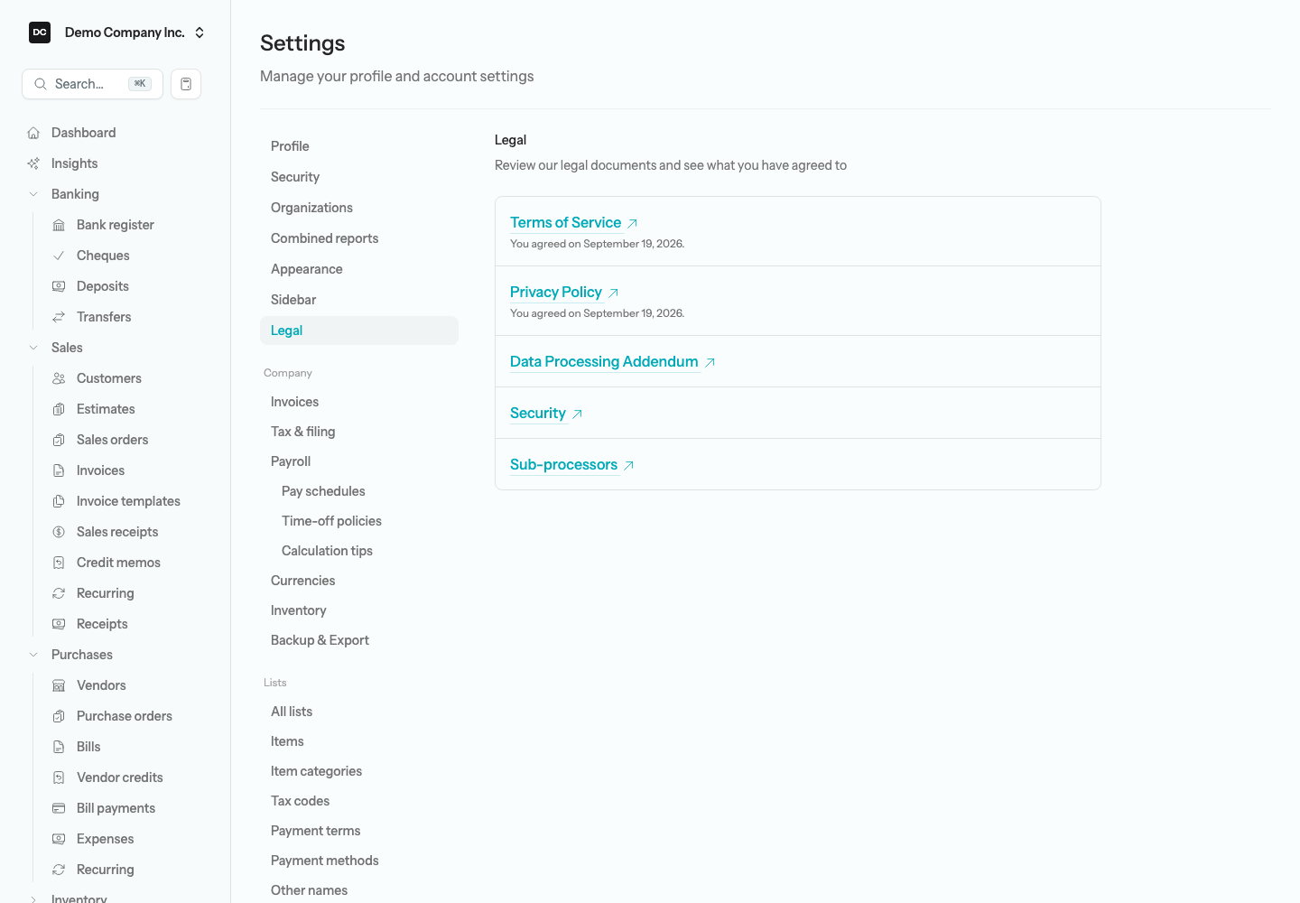 Settings → Legal listing the Terms of Service and Privacy Policy, each with the date you agreed, followed by the Data Processing Addendum, Security, and Sub-processors links