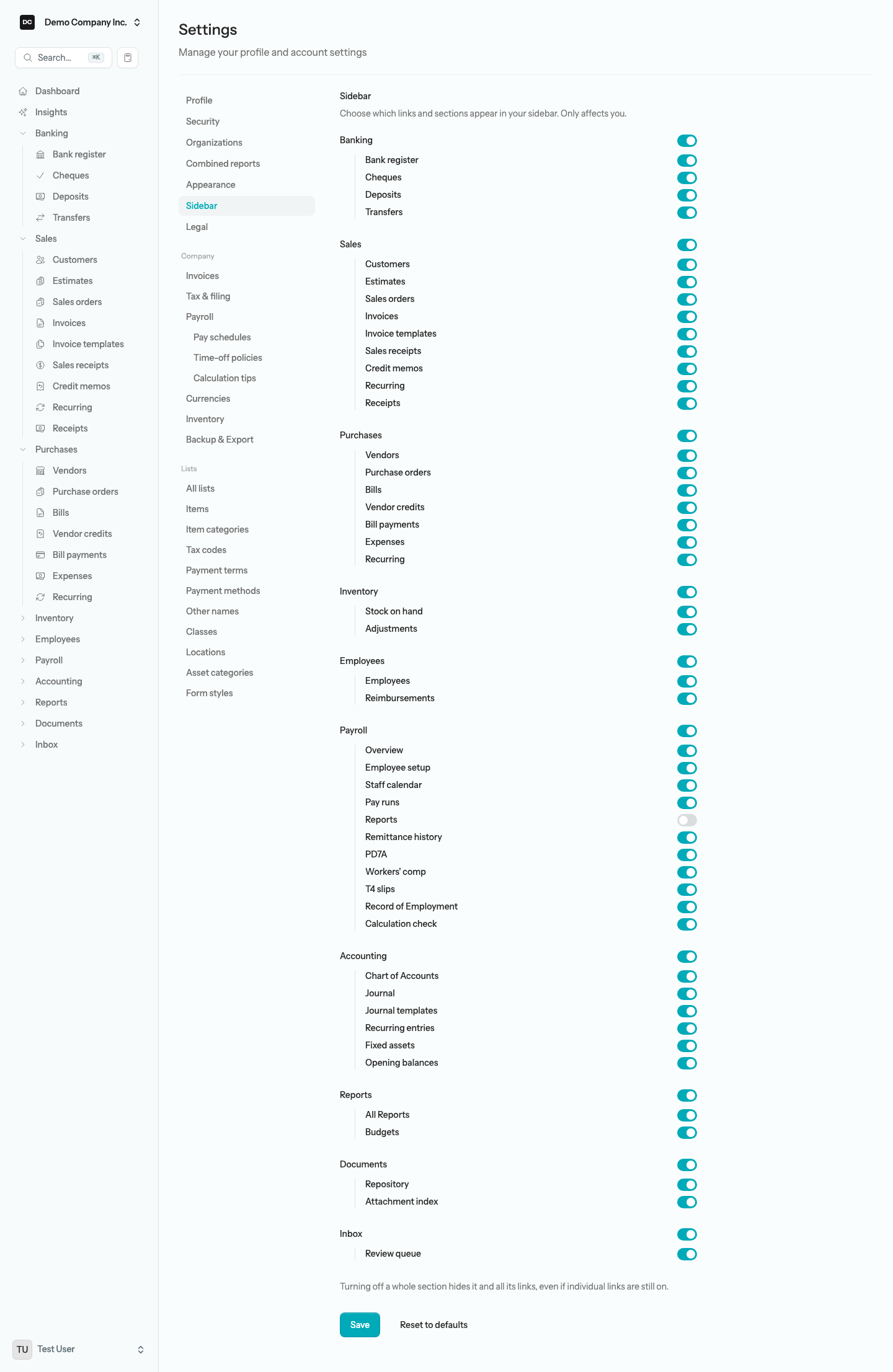 Settings → Sidebar showing per-group and per-link switches, including the Opening balances link under Accounting, with Save and Reset to defaults buttons
