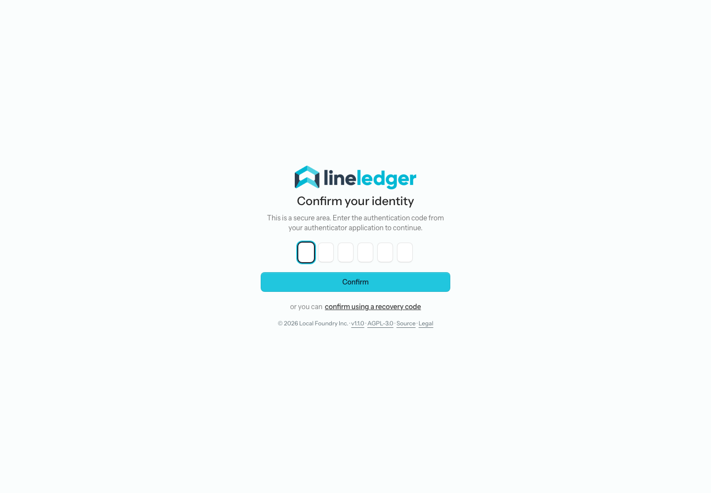 The Confirm your identity screen asking for an authentication code, with a link to confirm using a recovery code instead