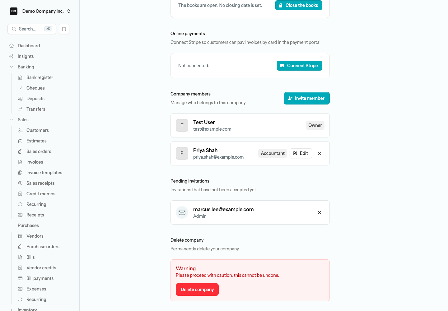 The Company members section listing each member with their role badge, Edit and remove controls, an Invite member button, and the Pending invitations list below
