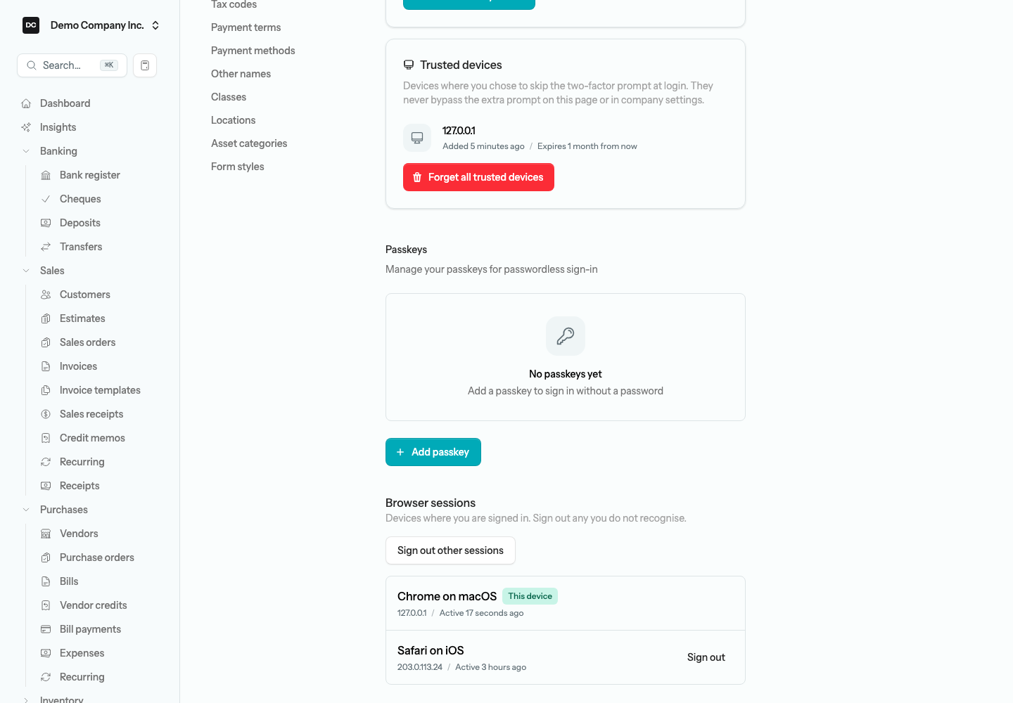 The Security page showing the Trusted devices list with Forget all trusted devices, and the Browser sessions list with This device badged and Sign out other sessions