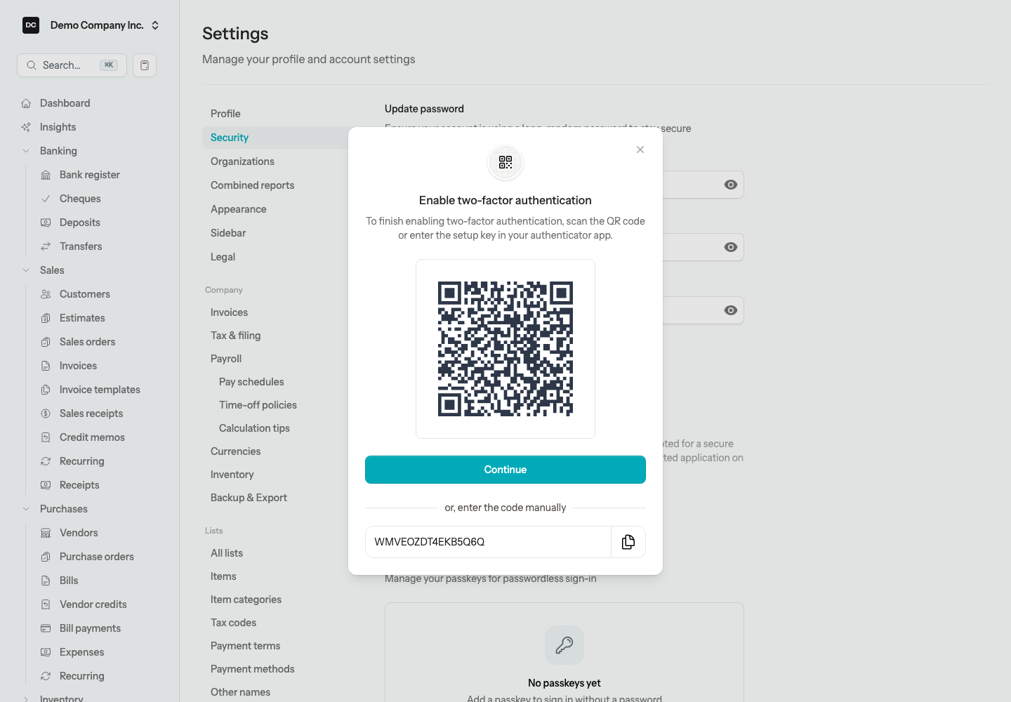 The two-factor setup modal showing a QR code and a copyable manual setup key