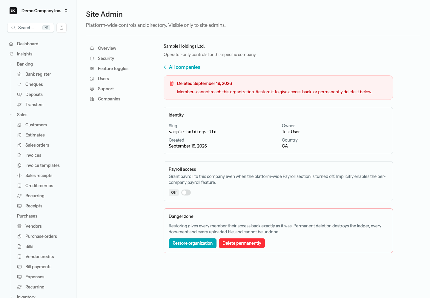 The Site Admin detail page for a deleted organization, showing the red Deleted banner, the Identity card, the Payroll access switch, and the Danger zone with Restore organization and Delete permanently buttons