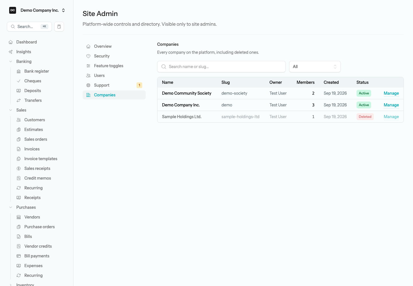 The Site Admin Companies page listing Demo Company Inc. and Demo Community Society with Slug, Owner, Members, Created, and Status columns and a Manage link on each row