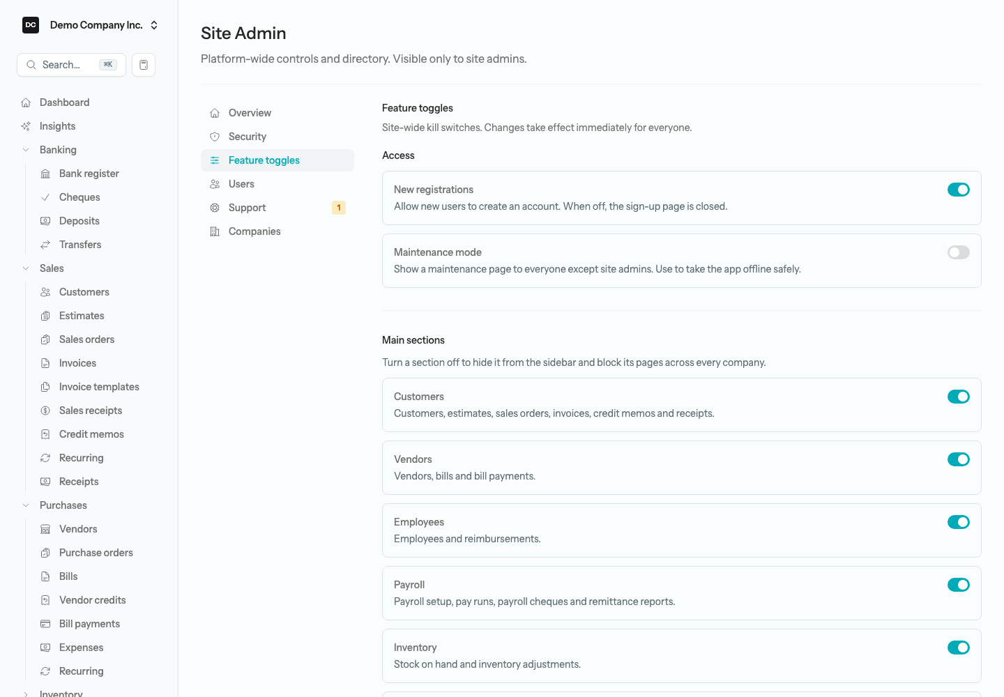 The Feature toggles page with the New registrations and Maintenance mode switches under Access, and the list of Main sections each with its own switch