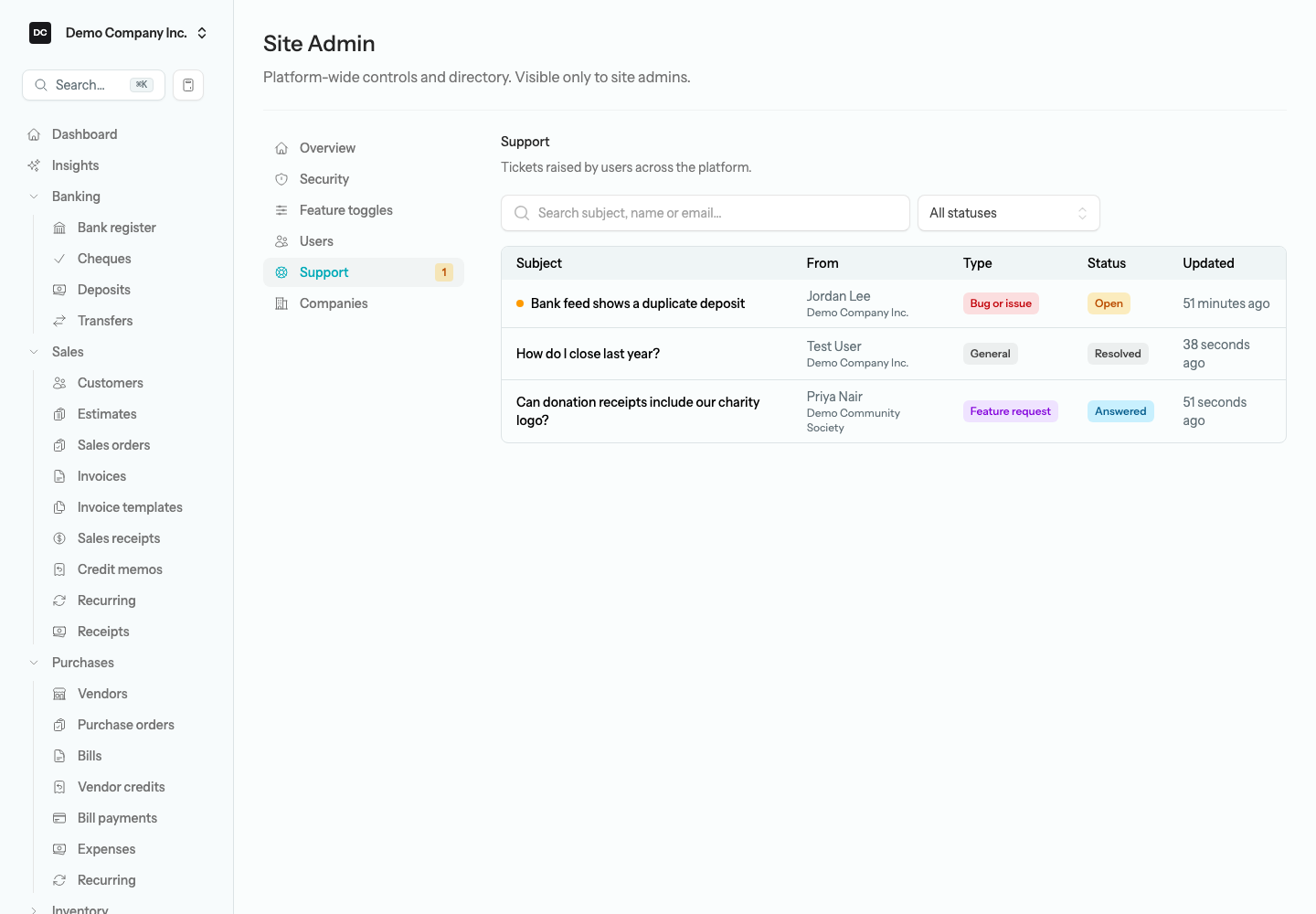 The Site Admin Support page listing tickets with Subject, From, Type, Status, and Updated columns, an open ticket at the top with an unread dot, and the status filter