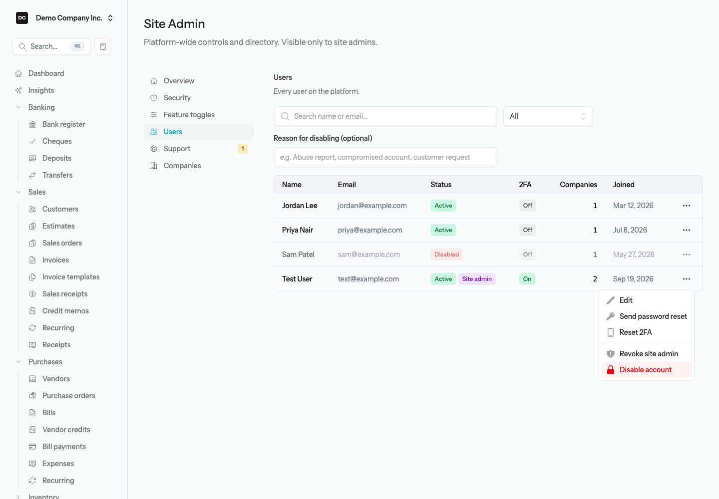 The Site Admin Users page listing every account with Status, 2FA, Companies, and Joined columns, the Reason for disabling box, and a row menu open showing Edit, Send password reset, Reset 2FA, Revoke site admin, and Disable account