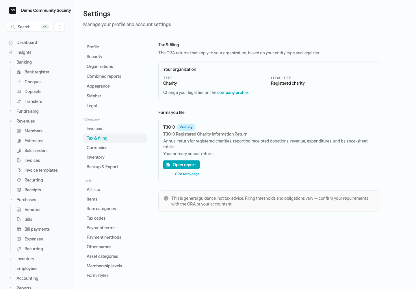 Settings → Tax & filing for Demo Community Society, showing the Your organization panel with its Type and Legal tier, and under Forms you file the T3010 card with its Primary badge, Open report button, and CRA form page link