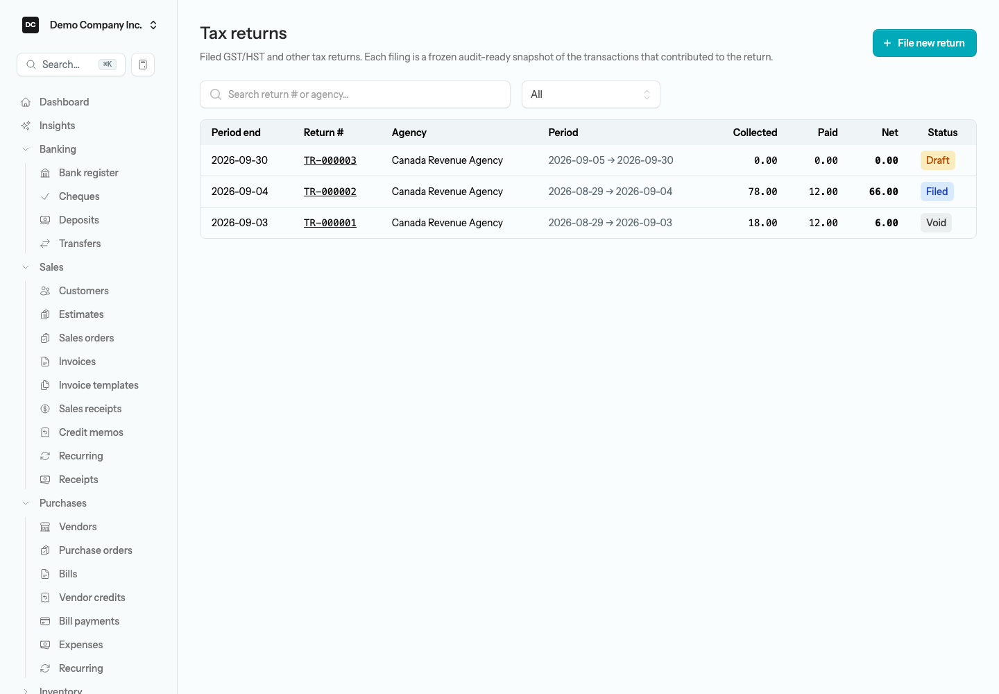 The Tax returns list showing each return’s period end, return number, agency, period, collected and paid amounts, net, and a Draft or Filed status badge, with the search box, status filter, and File new return button above