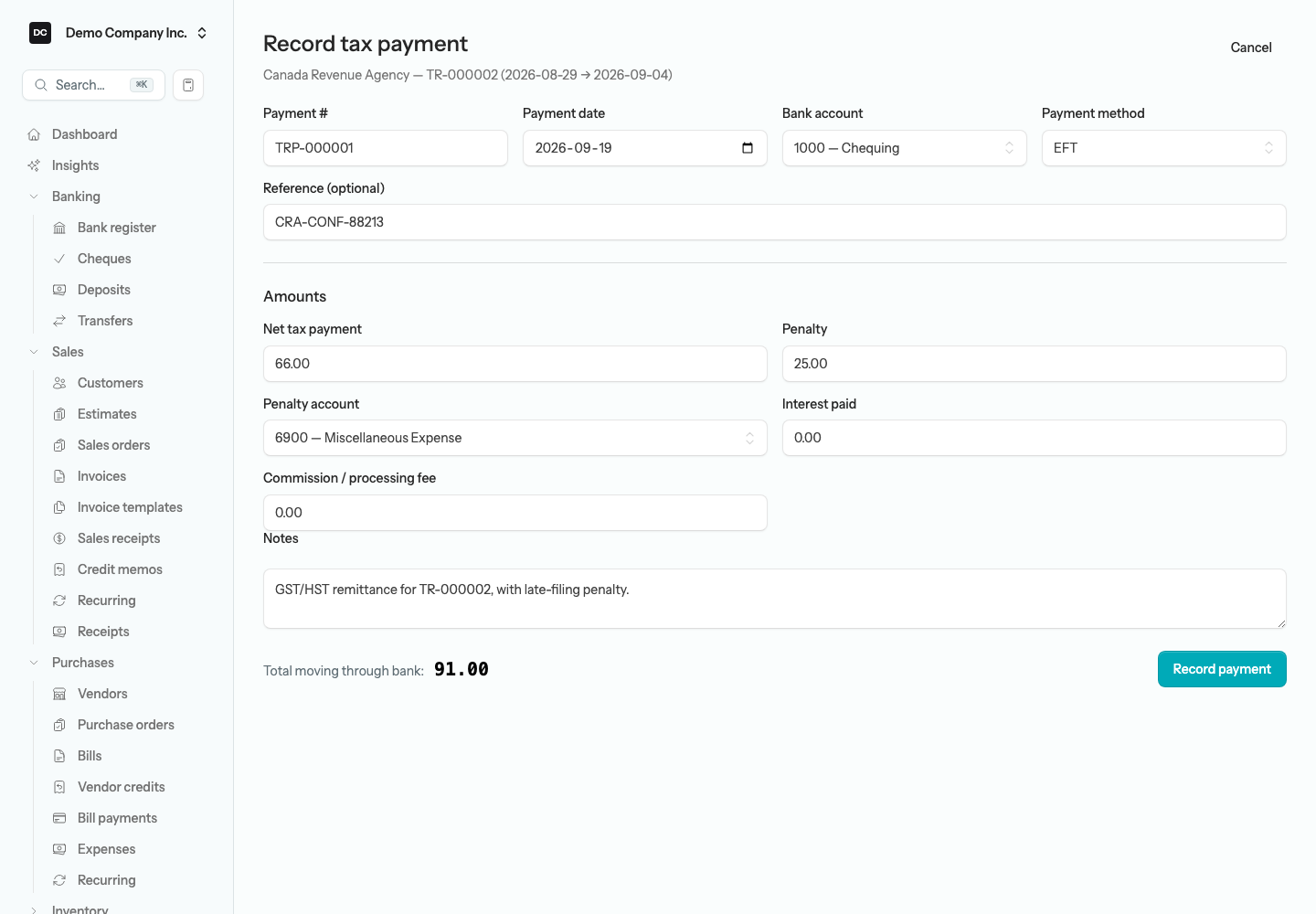 The Record tax payment form with the Payment #, Payment date, Bank account, and Payment method fields, the Reference field, the Amounts section with Net tax payment, Penalty and its Penalty account selector, Interest paid, and Commission / processing fee, the Notes box, and the Total moving through bank beside the Record payment button
