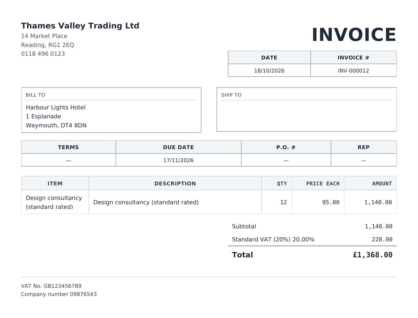 A UK invoice PDF with amounts in pounds, a 20% VAT line, day-first invoice and due dates, and the VAT No. and Company number in the footer