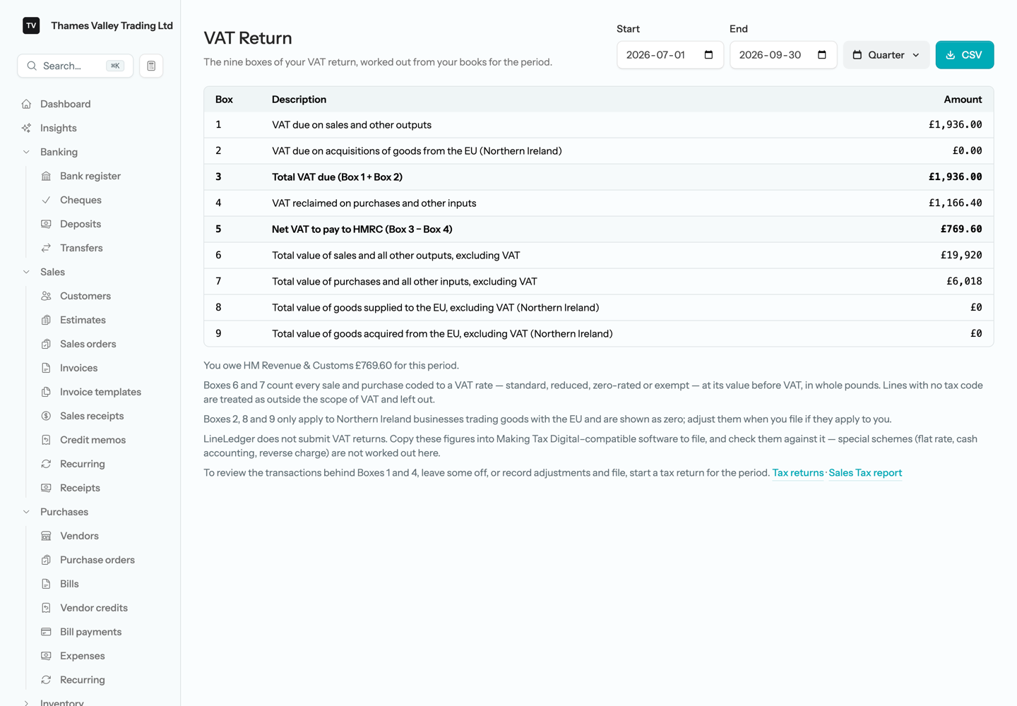 The VAT Return report showing Boxes 1 to 9 with their descriptions and amounts, Boxes 3 and 5 in bold, the Start and End dates, the Quarter menu, and the CSV button