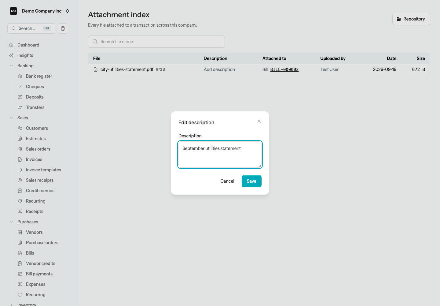 The attachment description dialog on the Attachment index with a description field