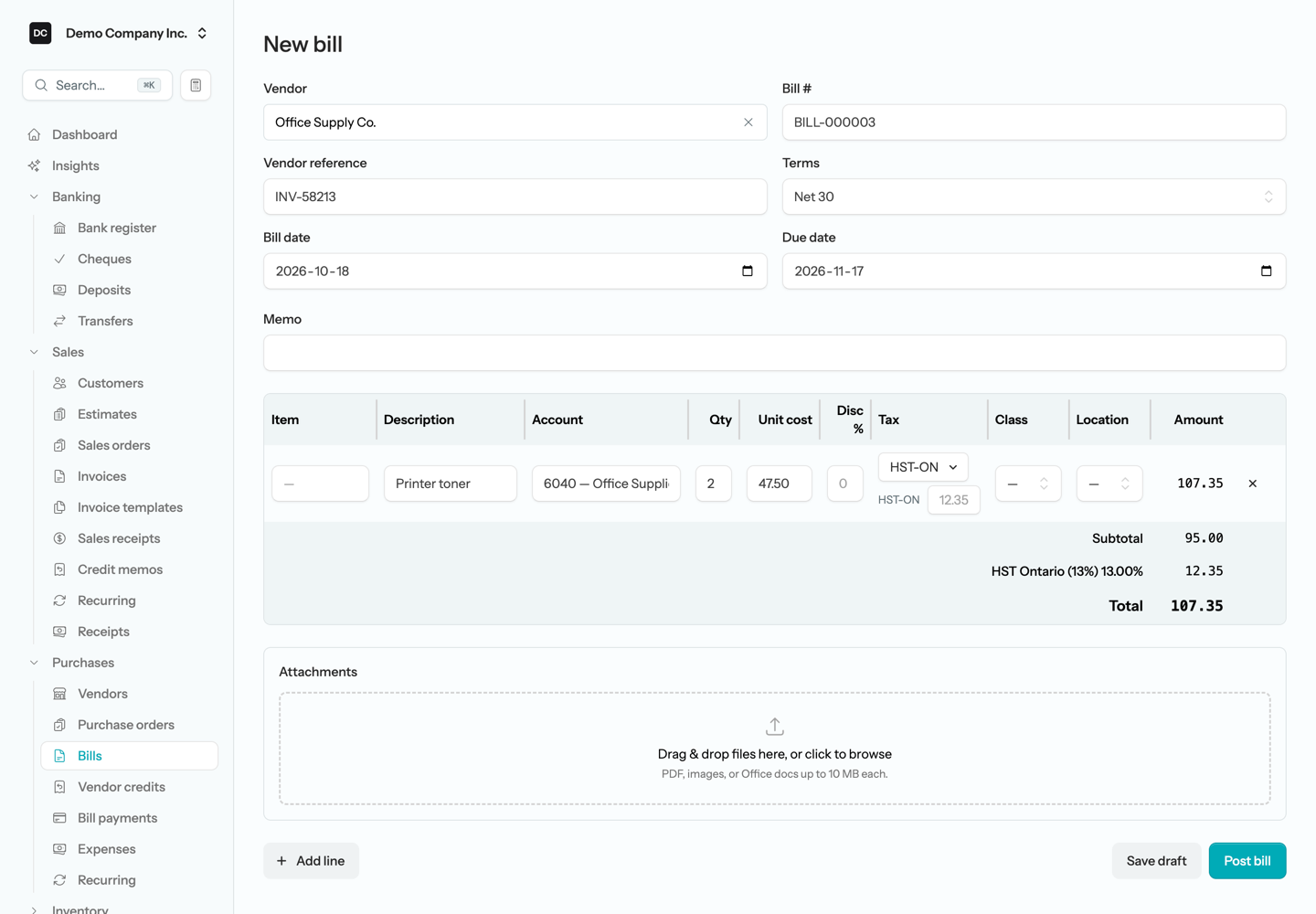 The New bill form showing the vendor, Bill #, Vendor reference, dates, and a line-item grid with Item, Description, Account, Qty, Unit cost, Disc %, Tax, and Amount columns
