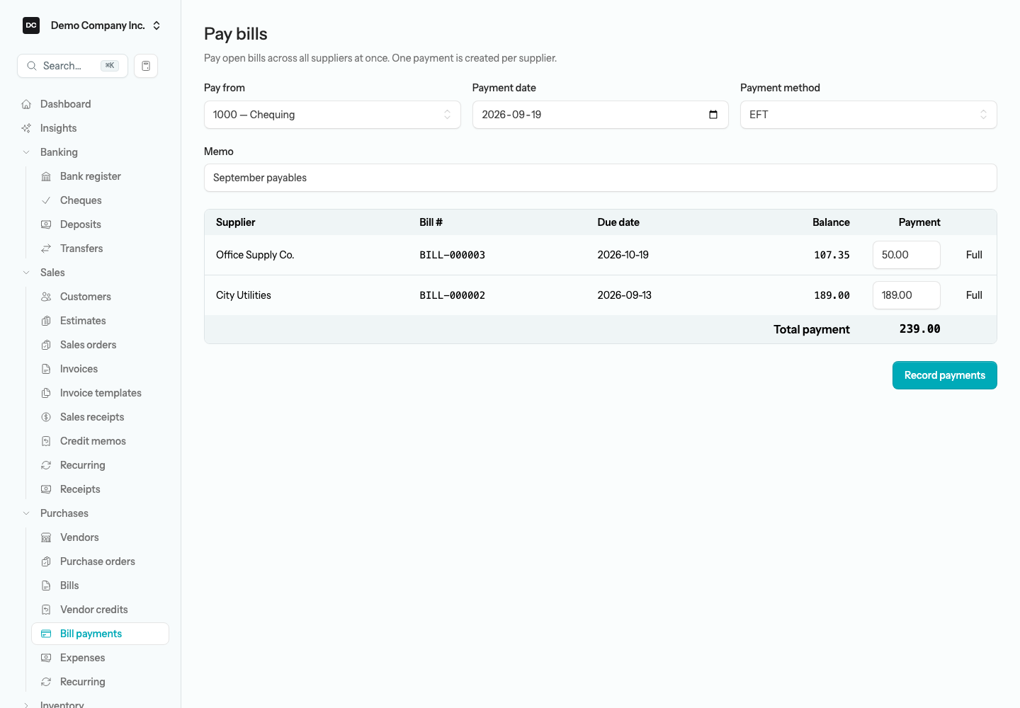 The batch payment screen listing open bills from several suppliers with a Payment amount cell and a Full button on each row