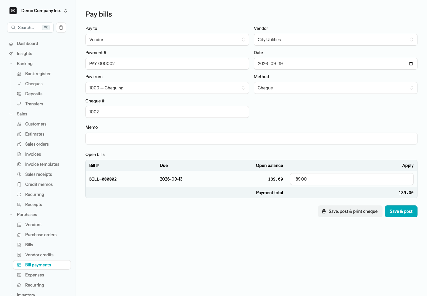 The Pay bills form with Pay to, Vendor, Payment #, Date, Pay from, a cheque Method with the required Cheque # field, the Open bills table with an Apply column, and the Save, post & print cheque button