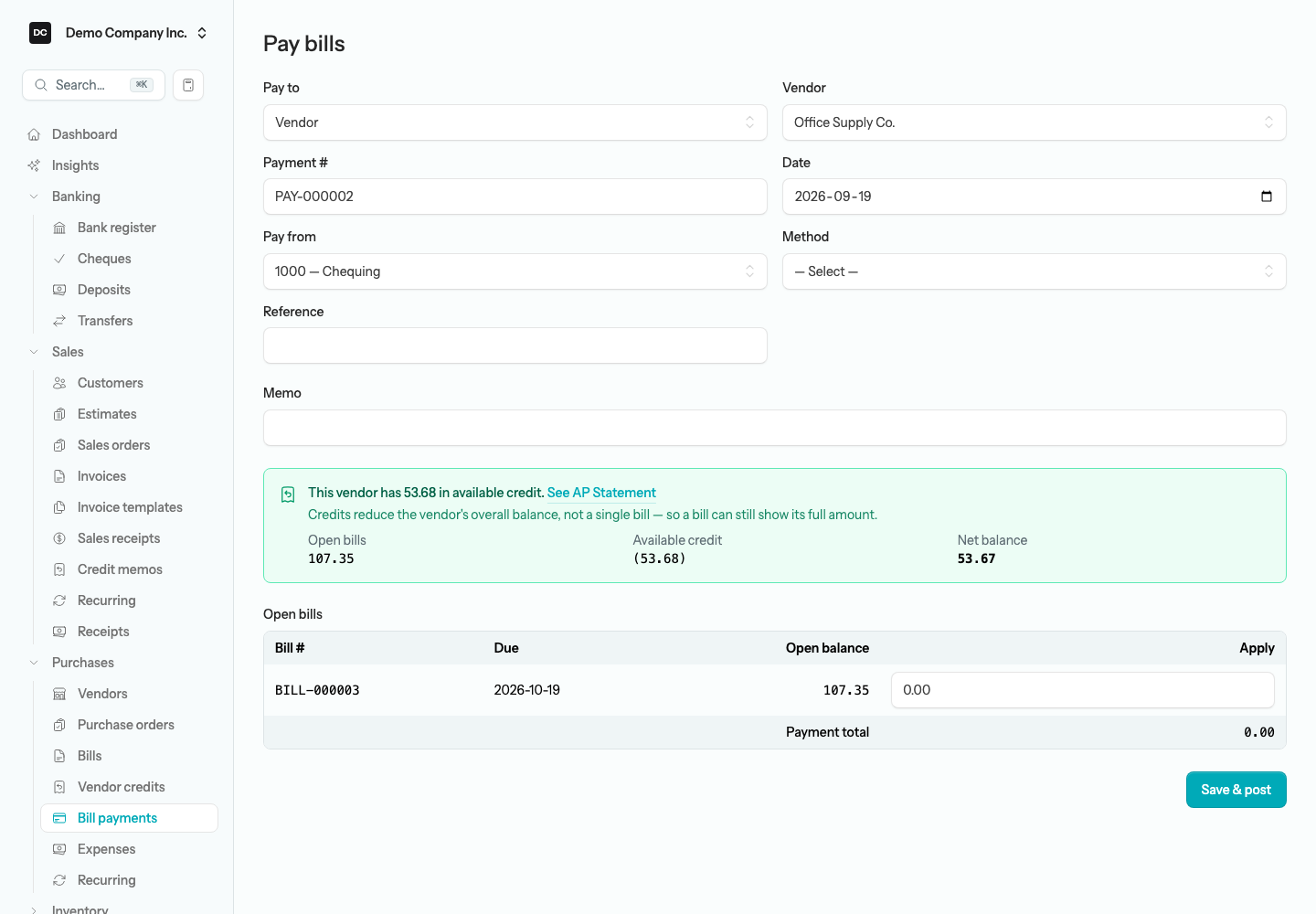 The Pay bills form with the vendor credit summary showing Open bills, Available credit, Net balance, and a See AP Statement link