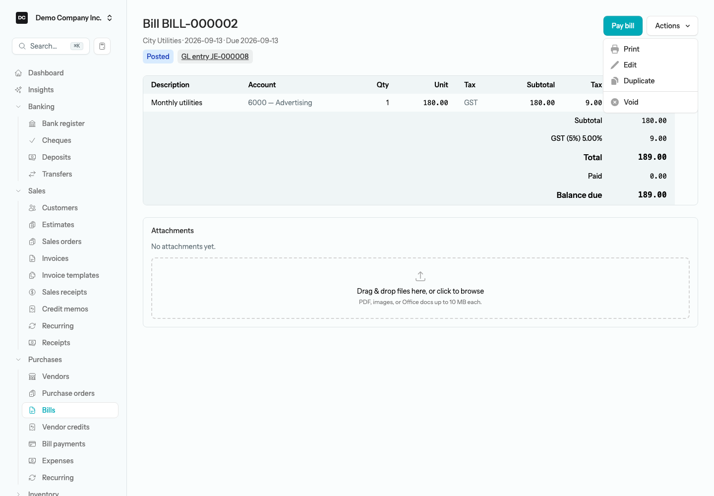 A posted bill showing its Posted status, GL entry link, line items, balance due, and the Actions menu open with Print, Edit, Duplicate, and Void