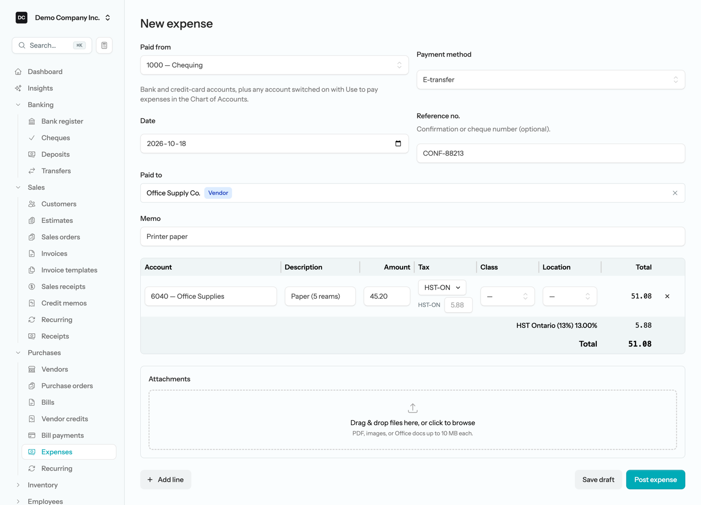 The New expense form with Paid from, Payment method, Date, Reference no., the Paid to payee picker, Memo, and a line-item grid with Account, Description, Amount, Tax, and Total columns