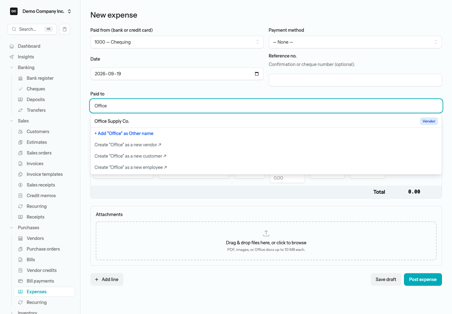 The Paid to picker open on the expense form, showing a matching vendor with a role badge, the Add as Other name option, and the Create as a new vendor option