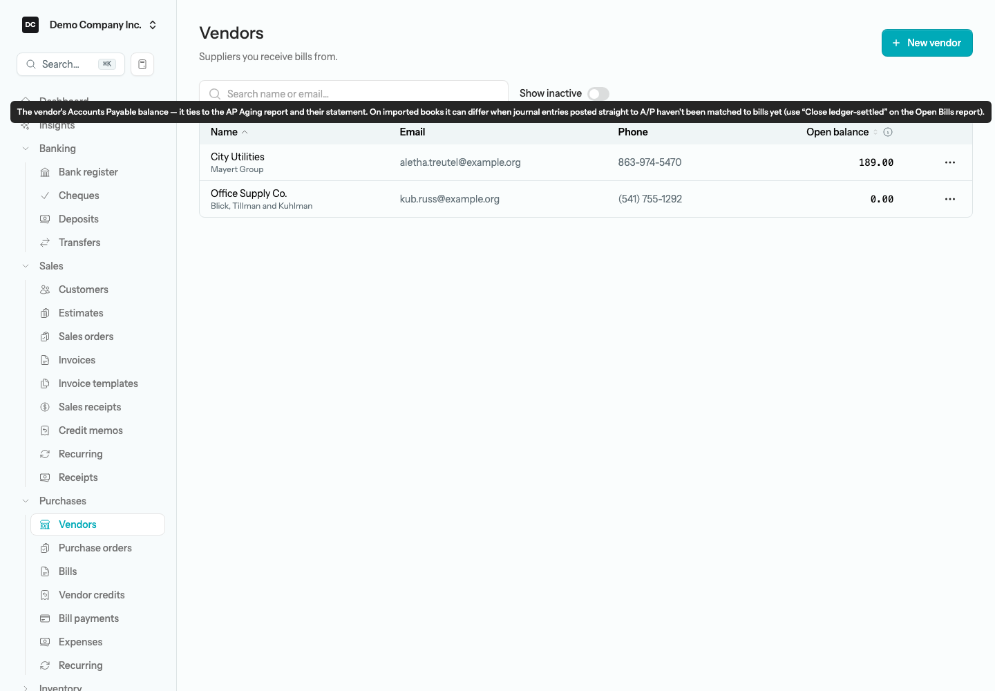 The Vendors list showing two vendors, with the Name and Open balance columns as links and the Open balance header tooltip open