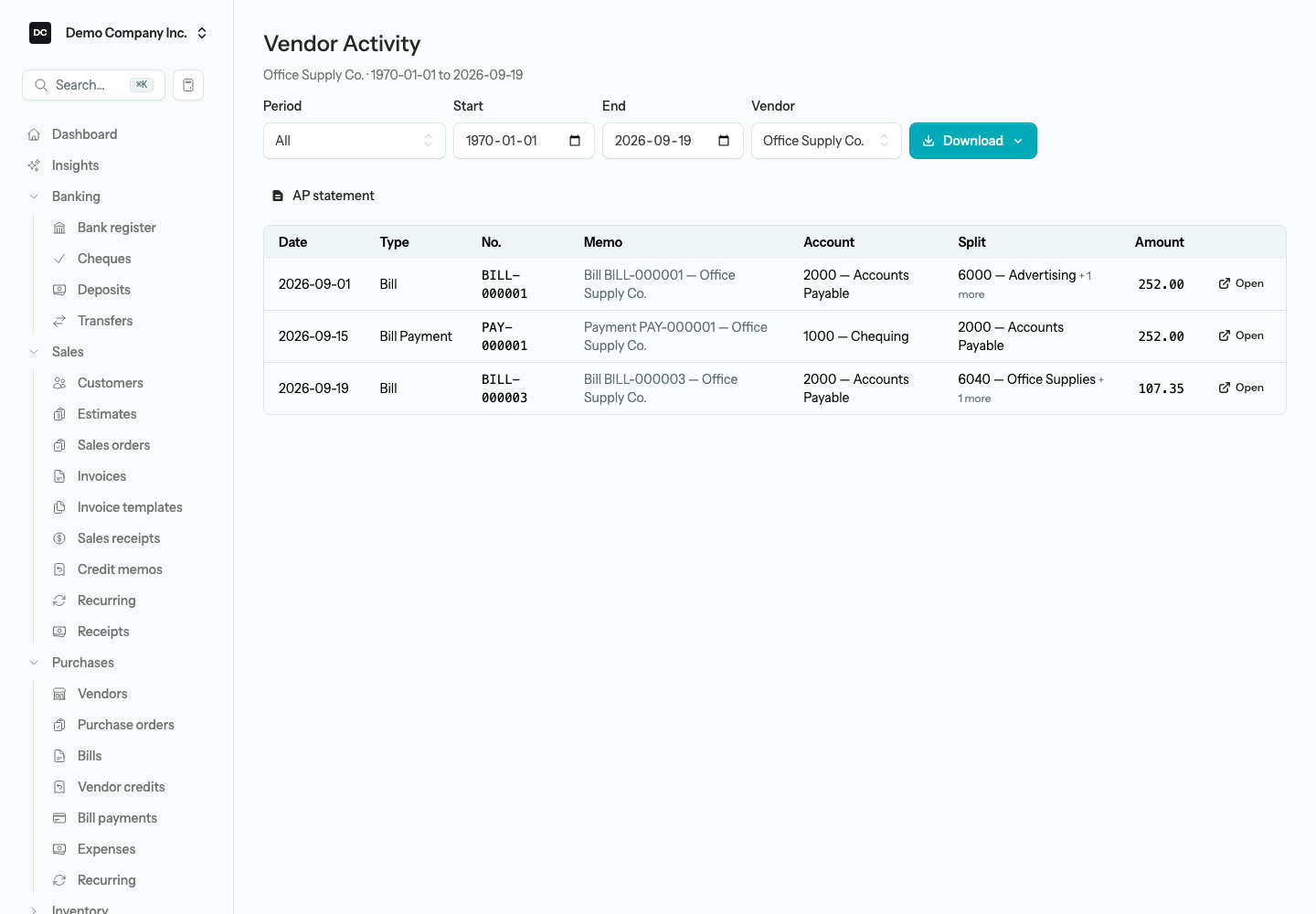 The Vendor Activity report for Office Supply Co. listing a bill and a bill payment with Date, Type, No., Memo, Account, Split, and Amount columns, the Vendor picker, and the export menu