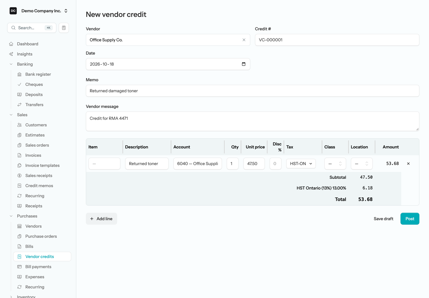 The New vendor credit form with Vendor, Credit #, Date, Memo, Vendor message, and a line grid with Item, Account, Qty, Unit price, Tax, and Amount columns