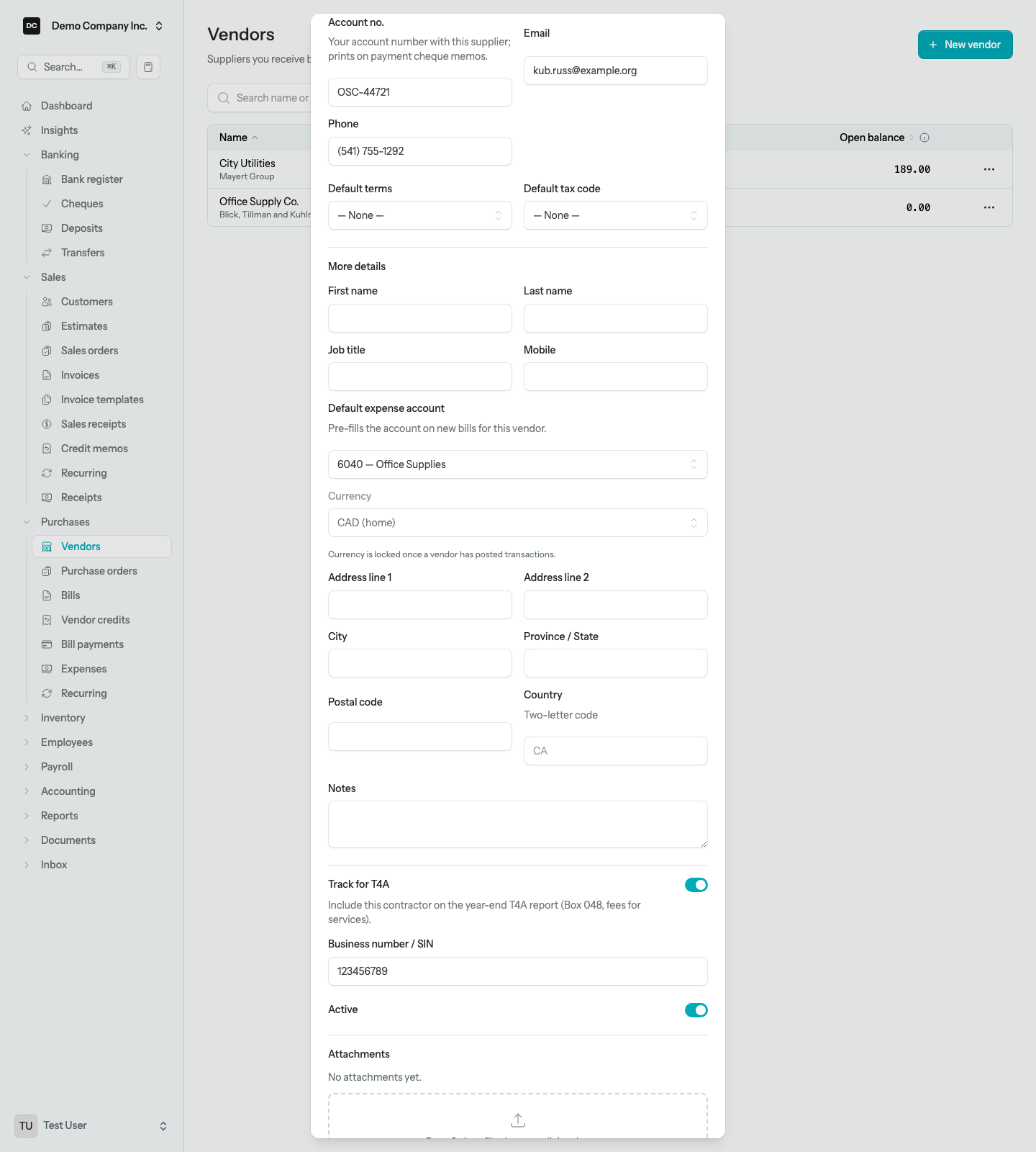 The Edit vendor dialog scrolled to Account no., Default expense account, Currency, and the Track for T4A switch with the Business number / SIN field revealed